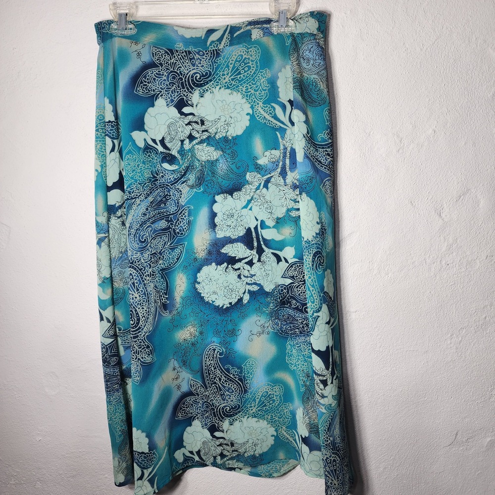 Vintage Maxi Skirt 12P Polyester Blue Paisley‎ Floral Lined Elastic Waist Boho